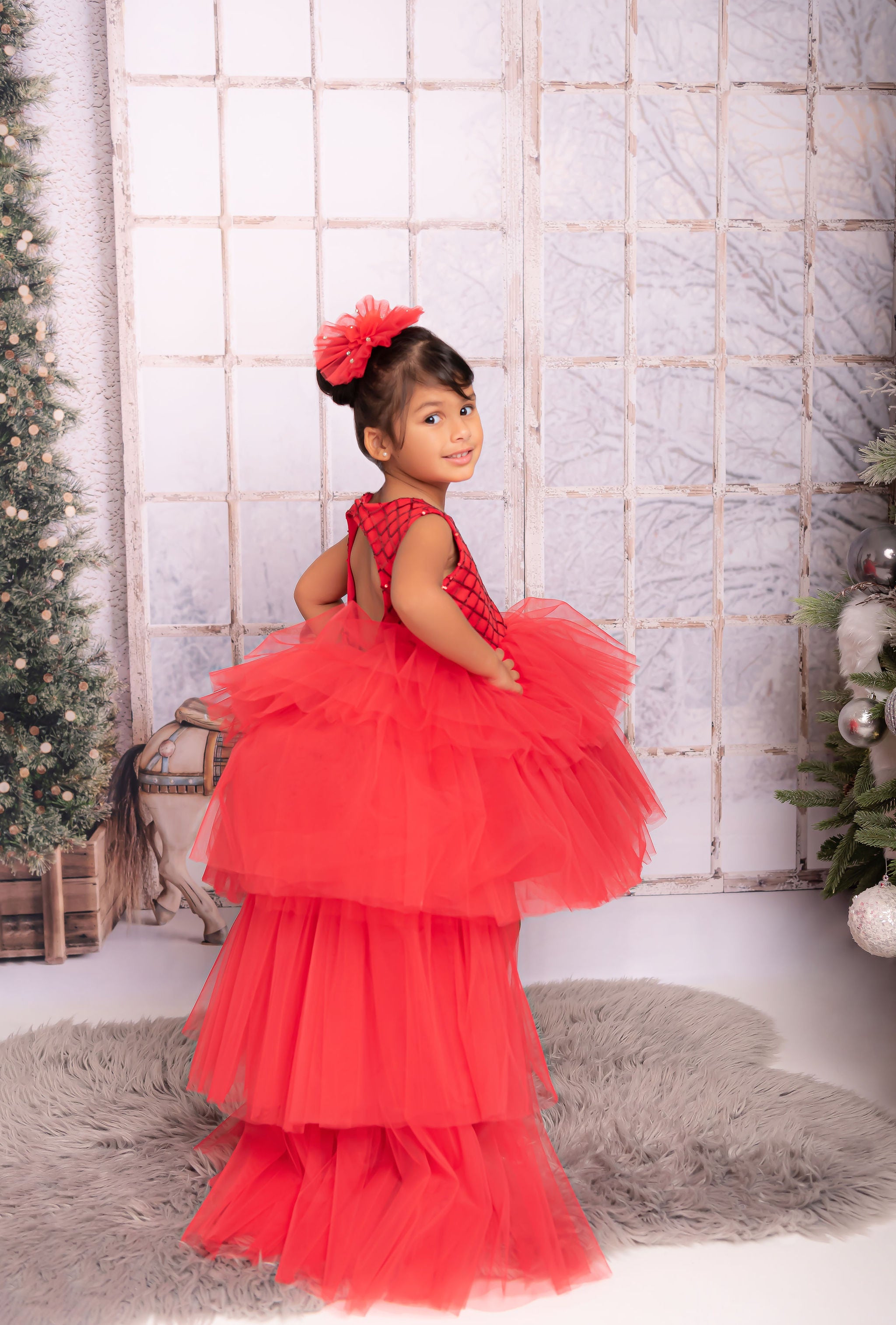 Appealing Red Net Multilayered Kids Girl Gown Party WJ50515